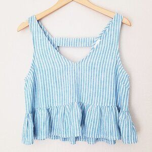 Abound Linen Blend Crop Top S Blue White Striped Peplum Crop Ruffle Sleeveless